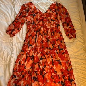Sincerely Jules extra large floral, orange, midi dress stretchy back